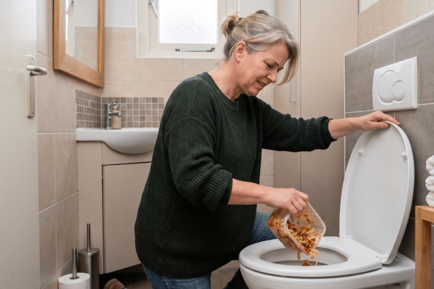 Vrouw gooit etensresten weg in de wc