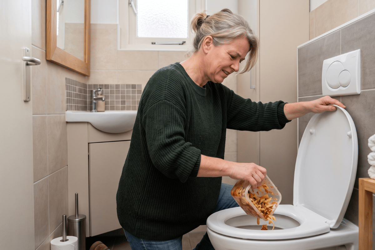 Vrouw gooit etensresten weg in de wc