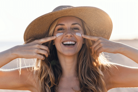 Vrouw met zonnebrand op haar gezicht