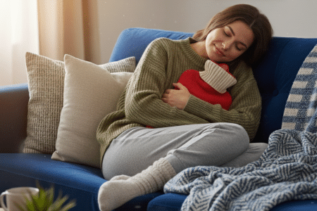 vrouw met kruik op de bank