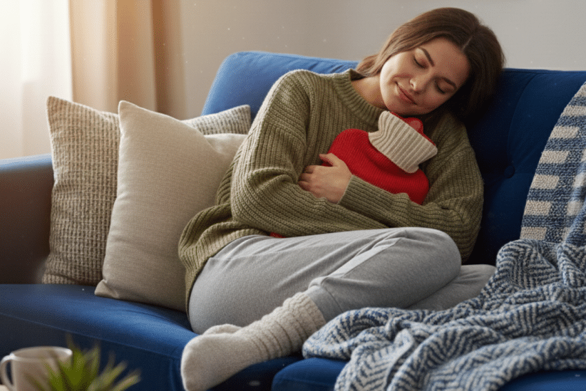 vrouw met kruik op de bank