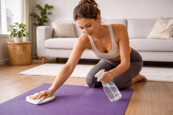 vrouw maakt yogamat schoon met spray in woonkamer