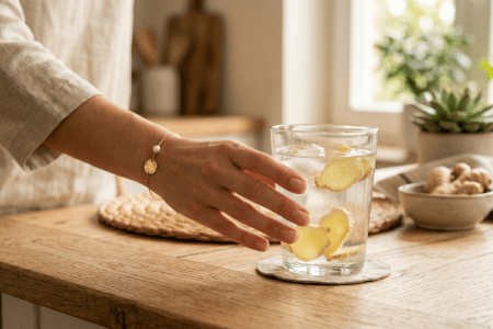 vrouw pakt glas met gemberwater