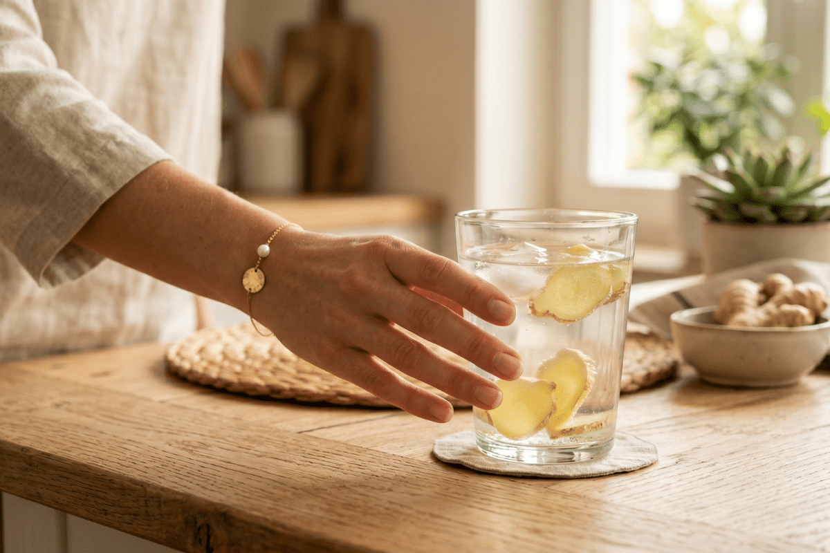 vrouw pakt glas met gemberwater