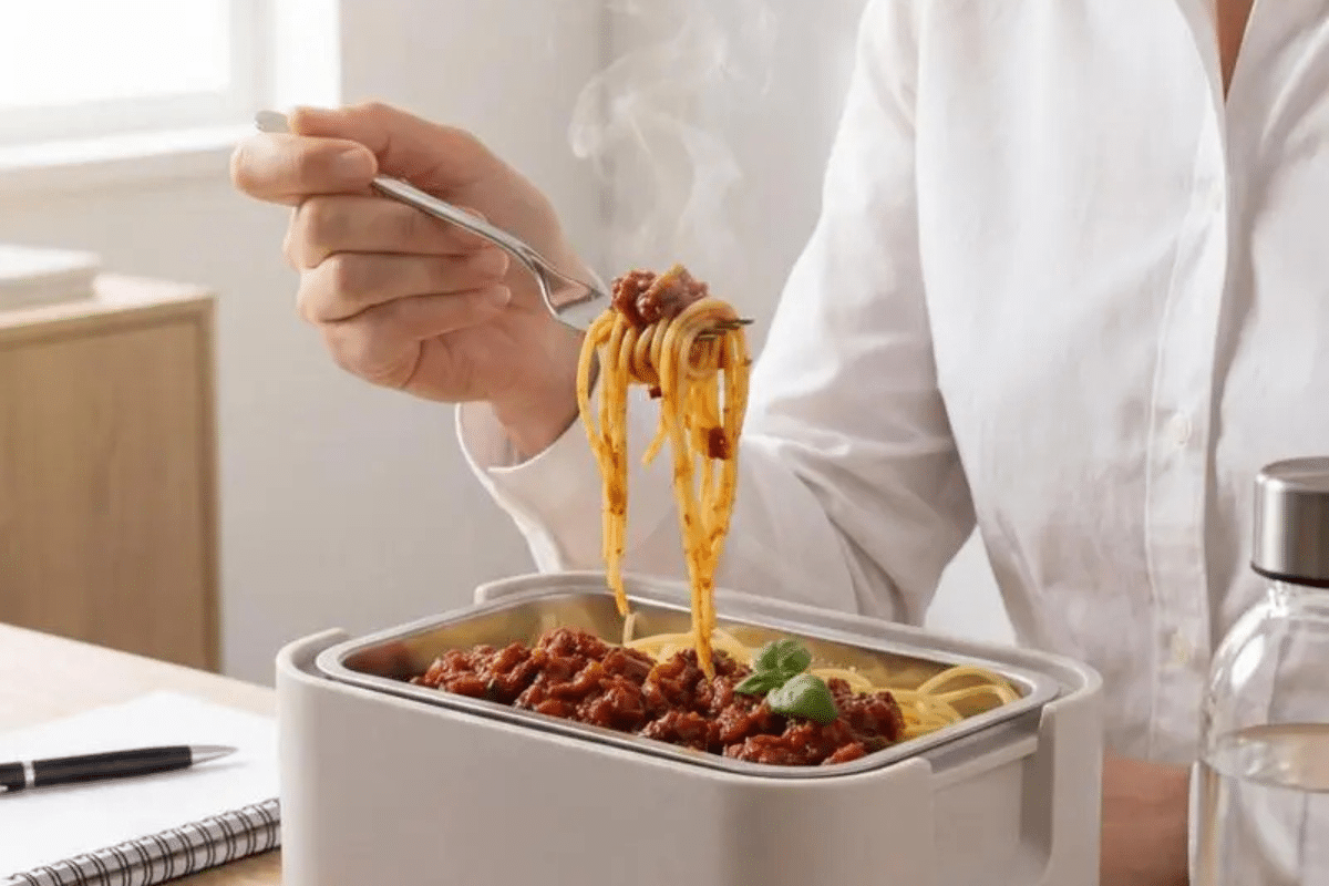 Vrouw eet uit elektrische lunchbox