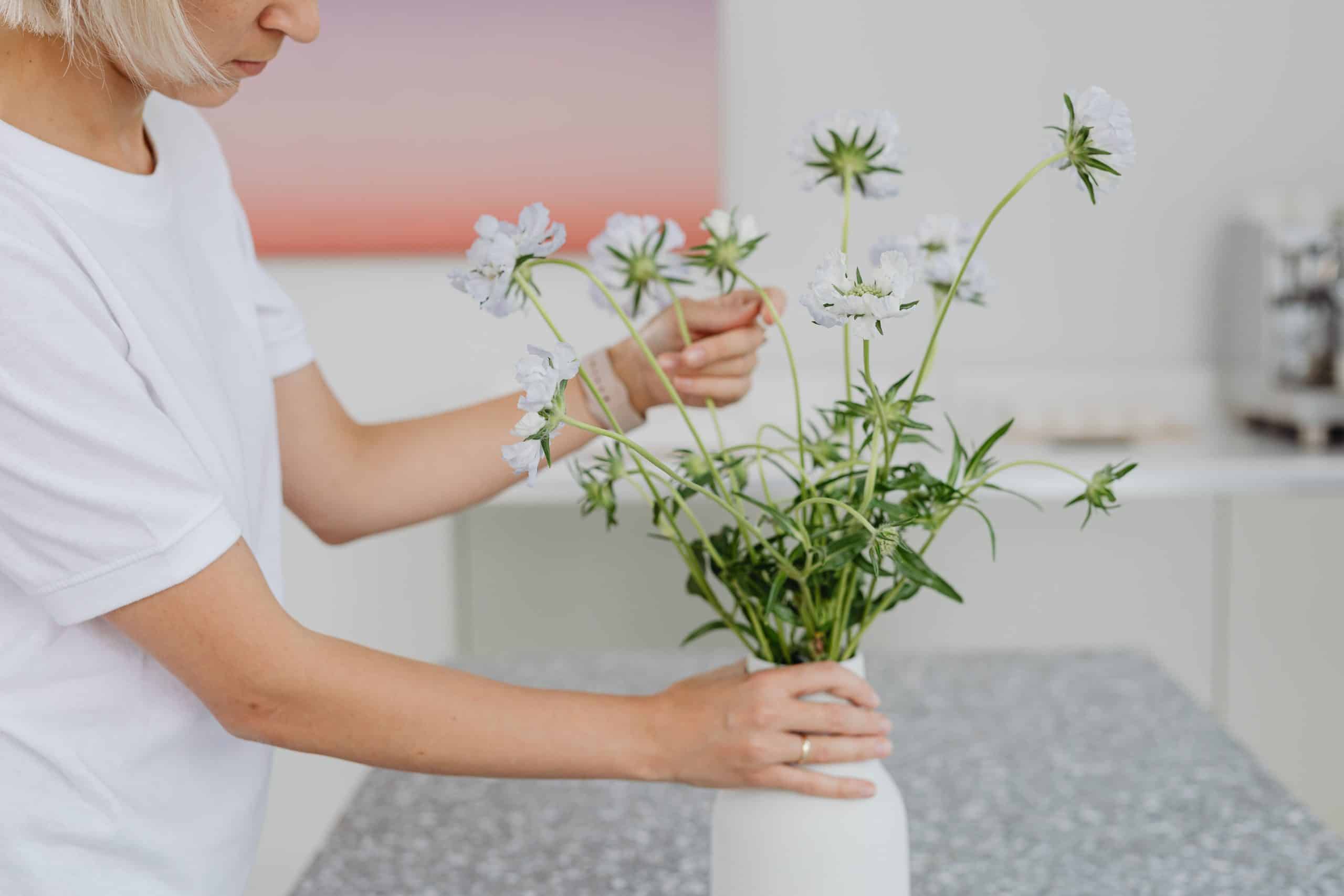 Vrouw Doet Bloemen In Vaas