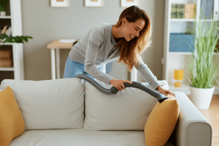 Vrouw is de bank aan het stofzuigen